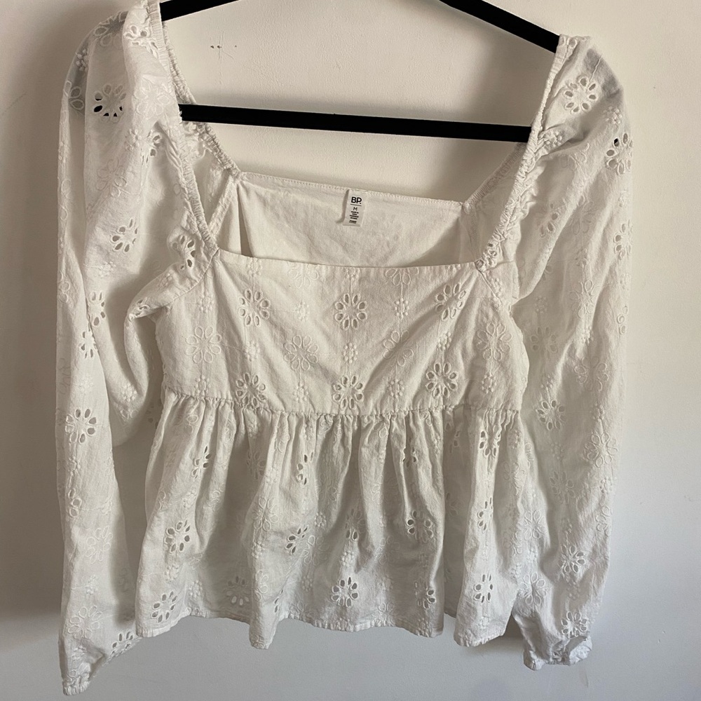 BP White Eyelet Cropped Long Sleeve Blouse Boho Western Cottagecore‎